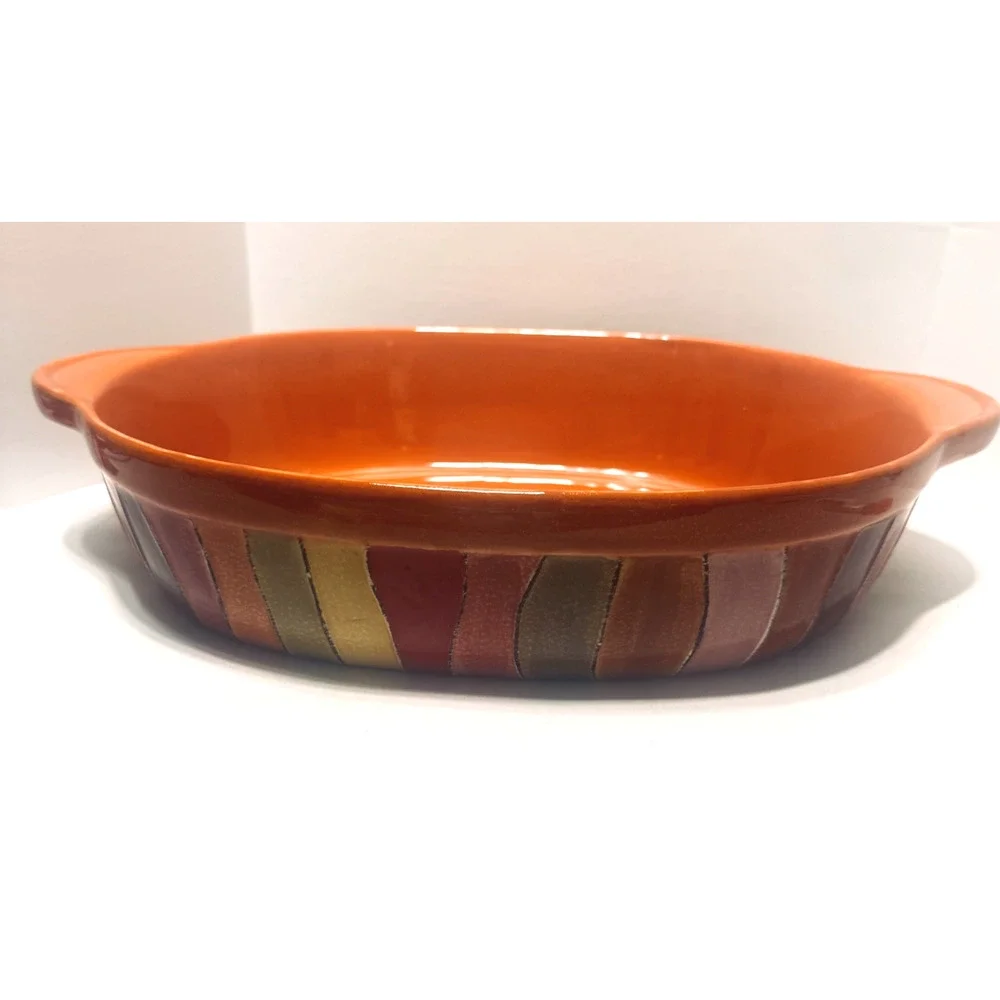 Pier 1 Ceramic Wavy Stripe Casserole Dish handpainted stoneware 9x13 orange